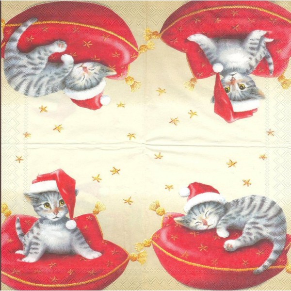 4 Serviettes en papier Chat de Noël Format Cocktail Decoupage Decopatch C-423560 IHR - Photo n°1