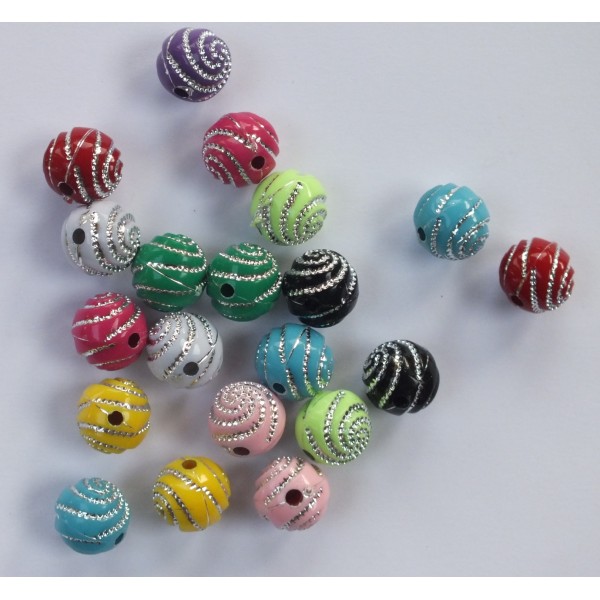 LOT 25 PERLES ACRYLIQUES : rondes multicolores motif spirales brillantes 7mm - Photo n°1
