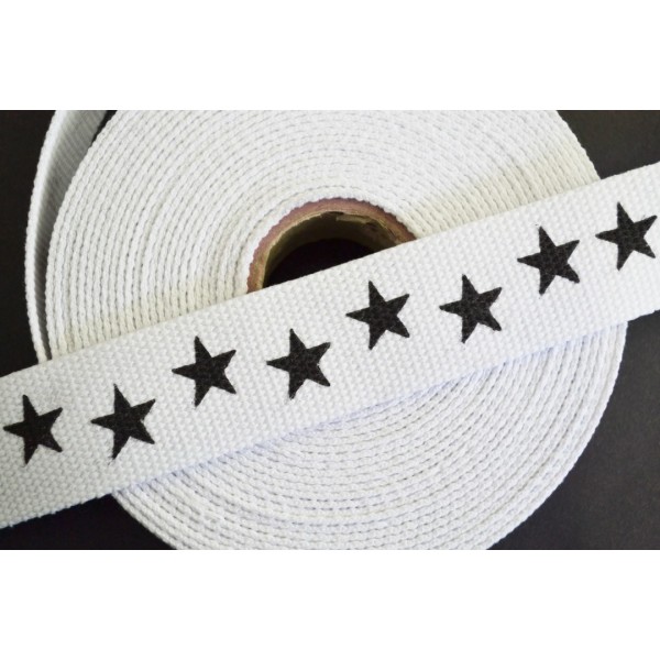 Sangle coton blanc étoiles noires 40mm - Photo n°1