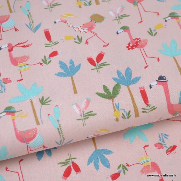 Tissu coton Oeko tex imprimé Flamants et palmiers fond rose by POPPY x1m - Photo n°1