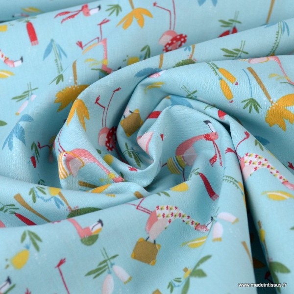 Tissu coton Oeko tex imprimé Flamants et palmiers fond Turquoise by POPPY x1m - Photo n°2