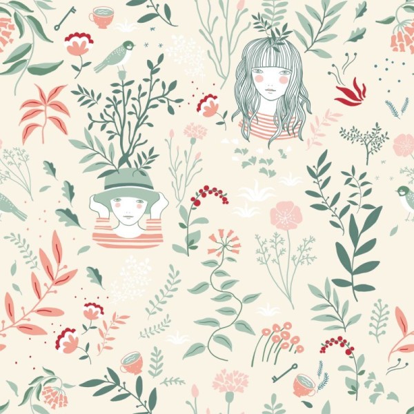 Tissu popeline Oeko tex imprimé fleurs, oiseaux et fillettes fond ivoire Katia Fabrics - Photo n°1