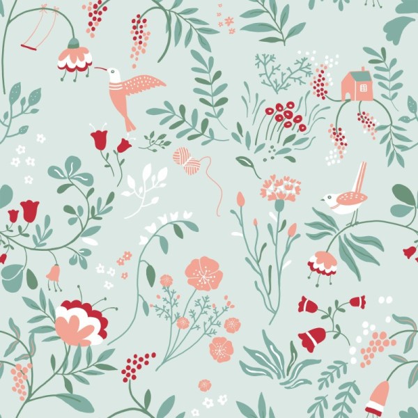 Tissu popeline Oeko tex imprimé fleurs et oiseaux Menthe et Corail Katia Fabrics - Photo n°1