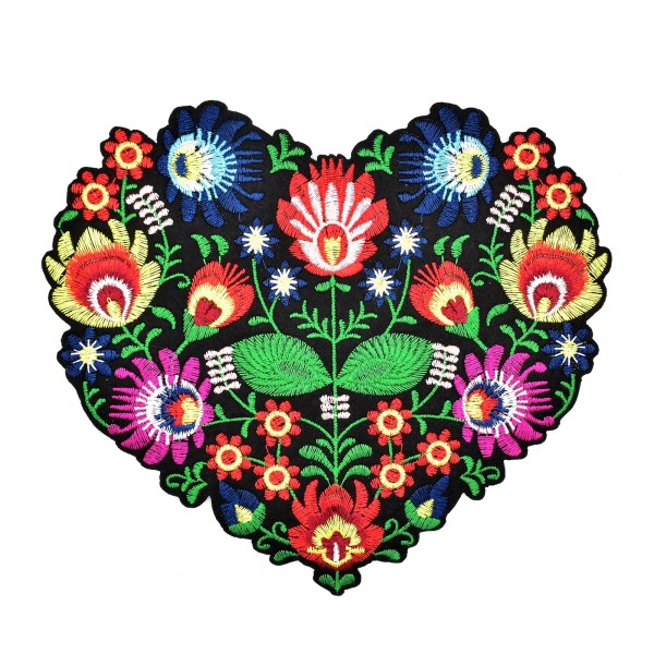 Grand patch brodé coeur hippie, fleurs multicolore, écusson