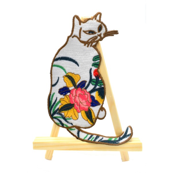 Grand patch brodé, écusson à coudre chat et fleur 20,5 cm, customisation textile - Photo n°1
