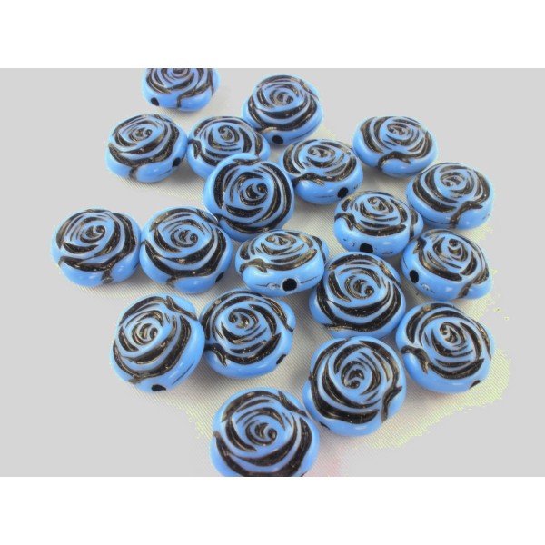 LOT 20 PERLES ACRYLIQUES : motif roses bleue/noires 16mm - Photo n°1