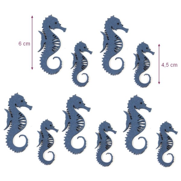 Lot de 10 Hippocampes en Bois Bleu, 2 dim. 6 et 2,5 cm, miniatures thème maritime - Photo n°1