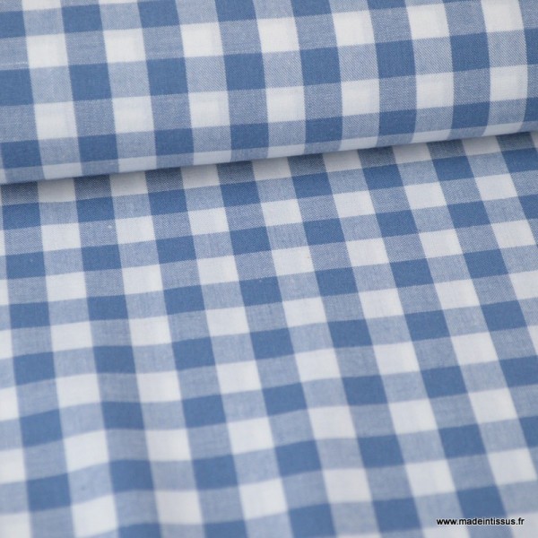 Tissu vichy grands carreaux sur Popeline coloris bleu jean Denim - Photo n°1