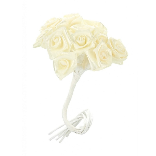 Bouquet de 11 Roses ourlées en Satin Ivoire, haut. 12 cm, Tête de rose dior diam. 1,5 cm - Photo n°1