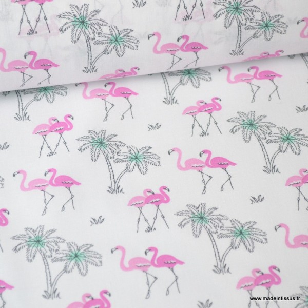 Tissu coton imprimé Flamants et palmiers Rose fond blanc - Photo n°1