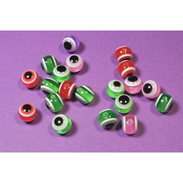 LOT 20 PERLES ACRYLIQUES :  rondes yeux vert/rose/rouge 9mm - Photo n°1