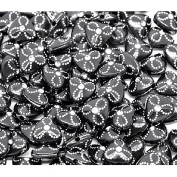 LOT 30 PERLES ACRYLIQUES : coeurs noirs motifs fleurs brillantes 9mm - Photo n°1