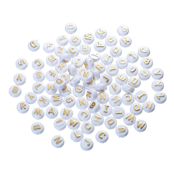 200 Perles acryliques Alphabet Rondes blanches Dorées 10mm -SC0080519 - Photo n°1