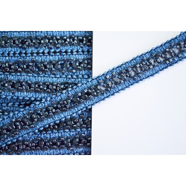 Galon coton et perles ton bleu 15mm - Photo n°1