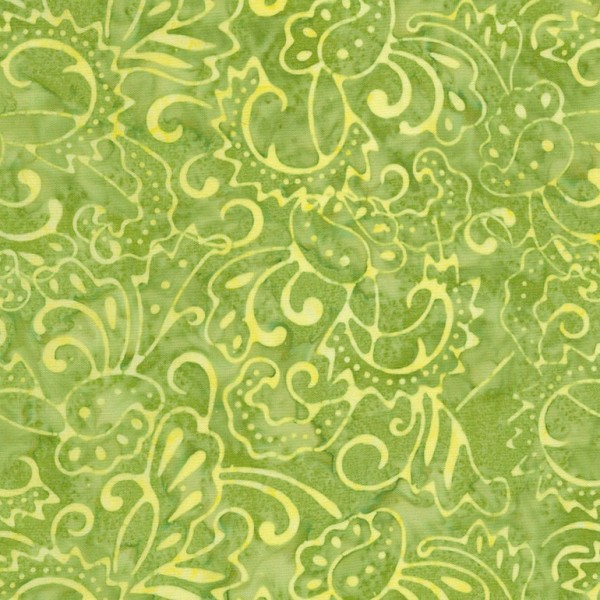 Tissu Batik arabesques jaunes fond vert poire - Photo n°1