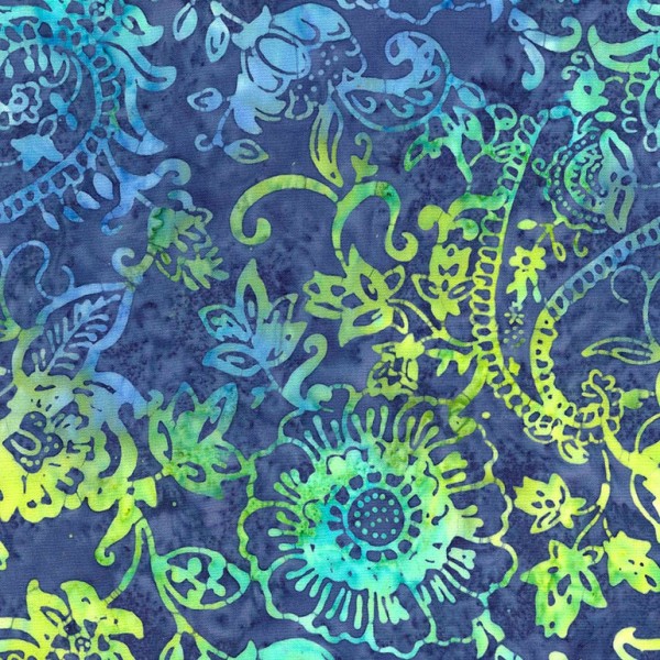 Tissu Batik fleurs cachemire vert fond bleu - Photo n°1