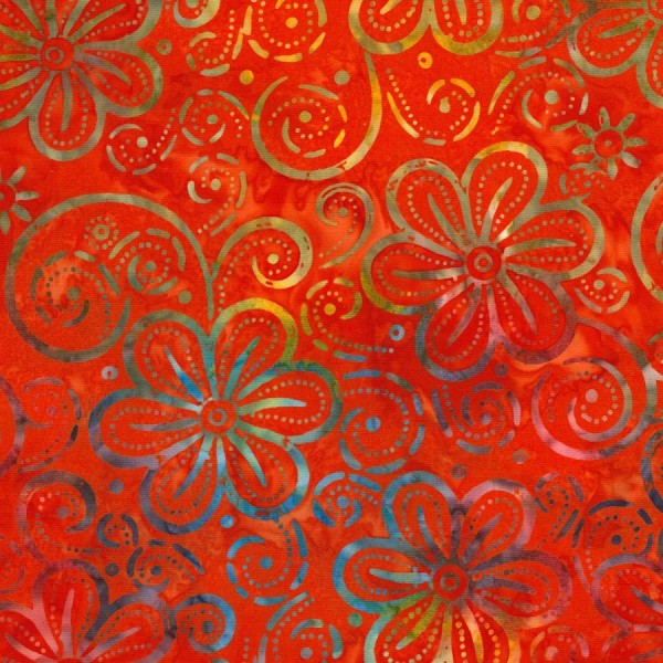 Tissu Batik fleurs multicolores fond rouge orange - Photo n°1