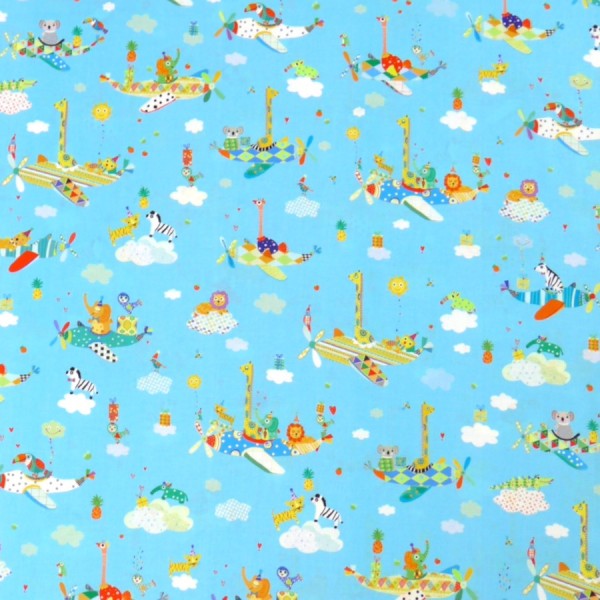 Tissu patchwork enfant animaux et avions fond bleu- Safari in the sky - Photo n°1