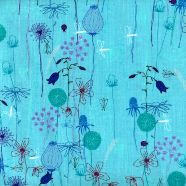 Tissu patchwork fleurs des champs fond turquoise - Roadside flowers - Photo n°1