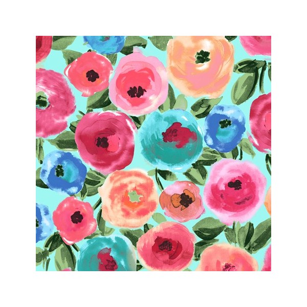 Tissu patchwork fleurs multicolores fond turquoise - Sweet Caroline - Photo n°1
