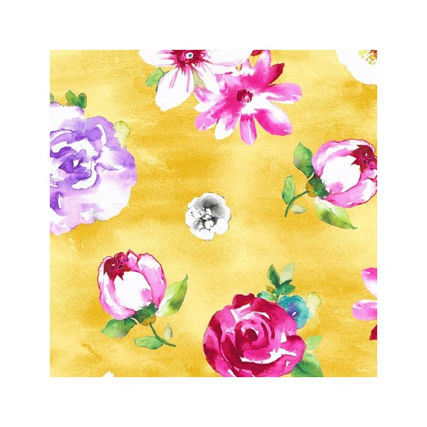 Tissu patchwork fleurs variées fond jaune - Annabelle - Photo n°1