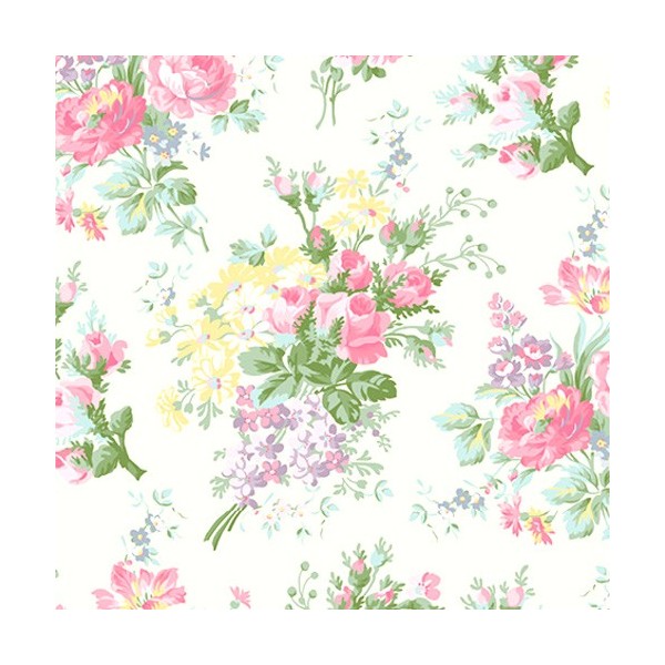 Tissu patchwork grande brassée de fleurs fond blanc cassé - Roslyn - Photo n°1