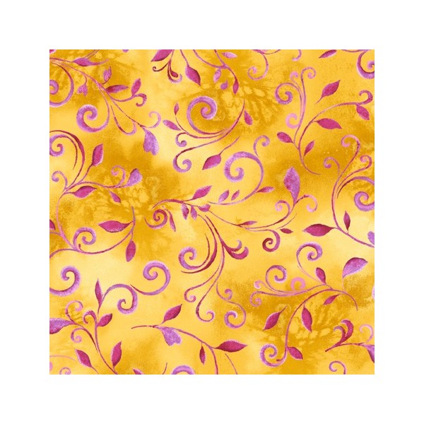 Tissu patchwork volutes fuchsia fond jaune - Annabelle - Photo n°1