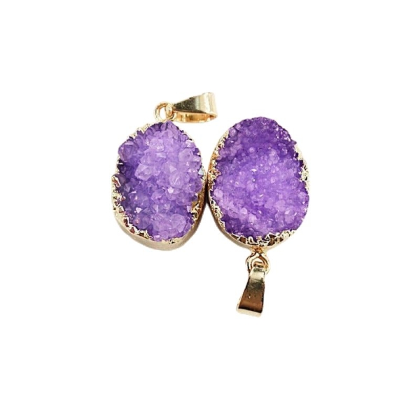 1pc Violet Cristal Ovale en Or Druzy de Glace Quartz Agate de pierre Naturelle Plaqué Focal Pendenti - Photo n°1