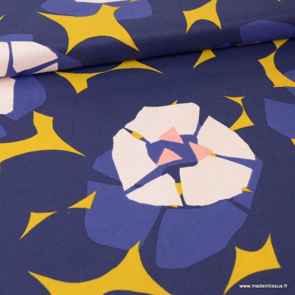 Tissu coton RICO design Grosses fleurs Marine, moutarde et rose Collection Okina Hana - Photo n°1
