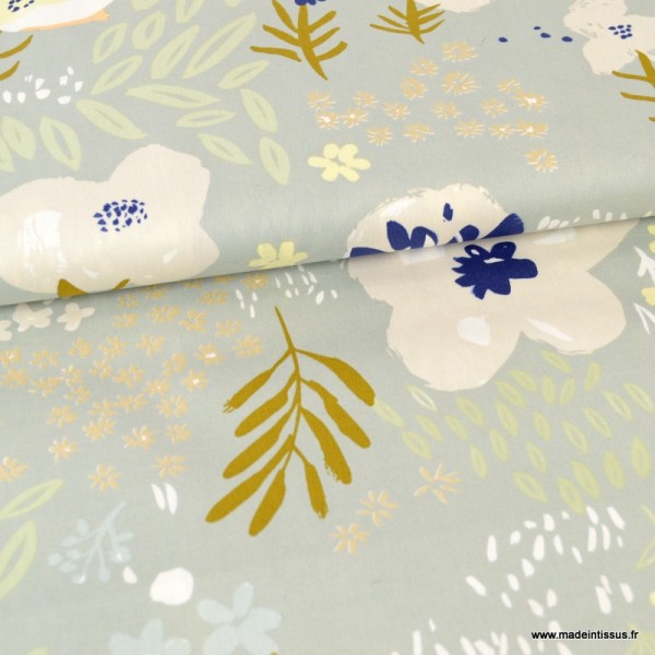 Tissu coton RICO design collection champs de fleurs saumon et gris métallisé - Photo n°1