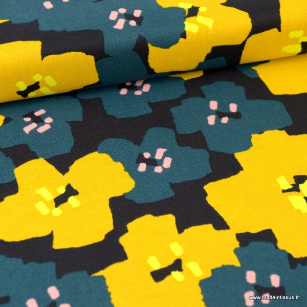 Tissu coton RICO design Petites fleurs Noir, vert canard, moutarde et fluo Collection Okina Hana - Photo n°1