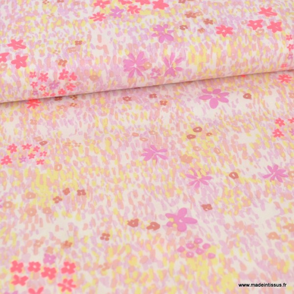 Tissu coton RICO design collection champs de fleurettes rose et fluo - Photo n°1