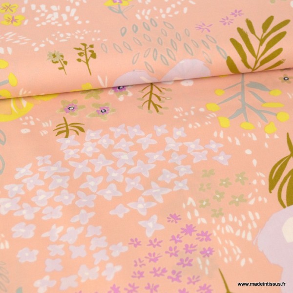 Tissu coton RICO design collection champs de fleurs jaune et parme métallisé sur fond Rose - Photo n°1