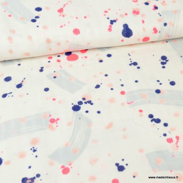 Tissu Double Gaze RICO design - Peinture bleu, rose fluo fond blanc - Photo n°1
