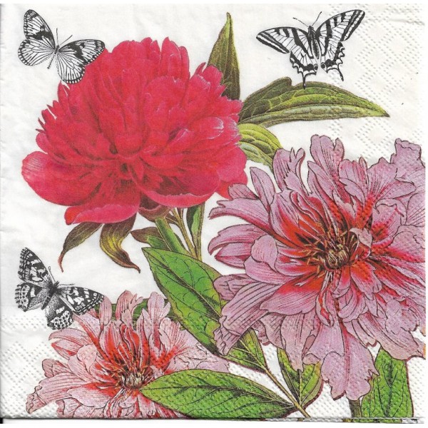 4 Serviettes en papier Pivoines Fleurs Papillons Format Lunch Decoupage Decopatch 2572-6499-27 Stewo - Photo n°1