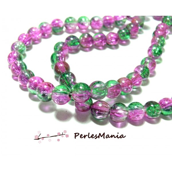 Offre spéciale: 1 fil environ 100 perles de verre craquelé bicolore rose et vert 8mm A49 - Photo n°1