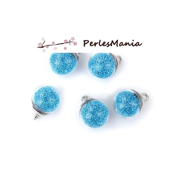 PAX 10 Pendentifs GLOBES BULLES en Verre Caviar Bleu socle Argent S11102937 - Photo n°1