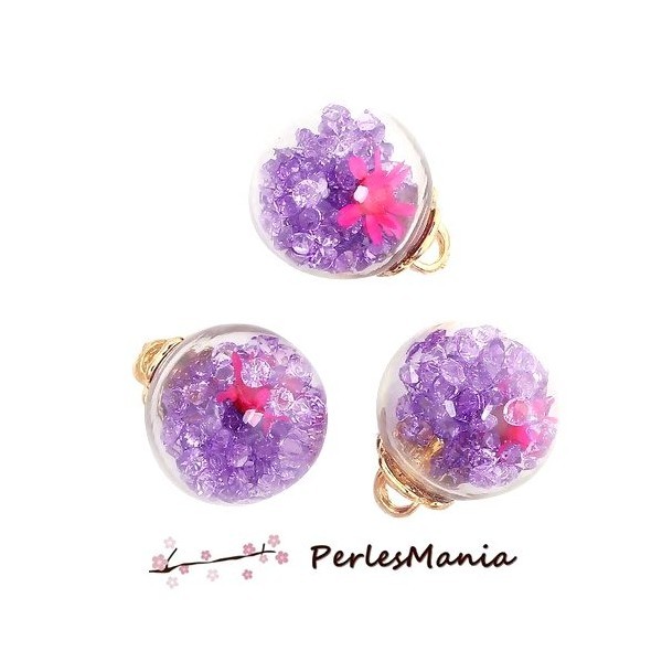 PAX 5 Pendentifs Globes Bulles en Verre Fleur et Rhinestone Violet socle DORE S1198724 - Photo n°1