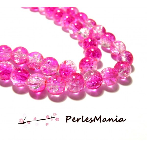 1 fil environ 105 perles de verre rond craquelé bicolore rose fushia et blanc 8mm A50 - Photo n°1