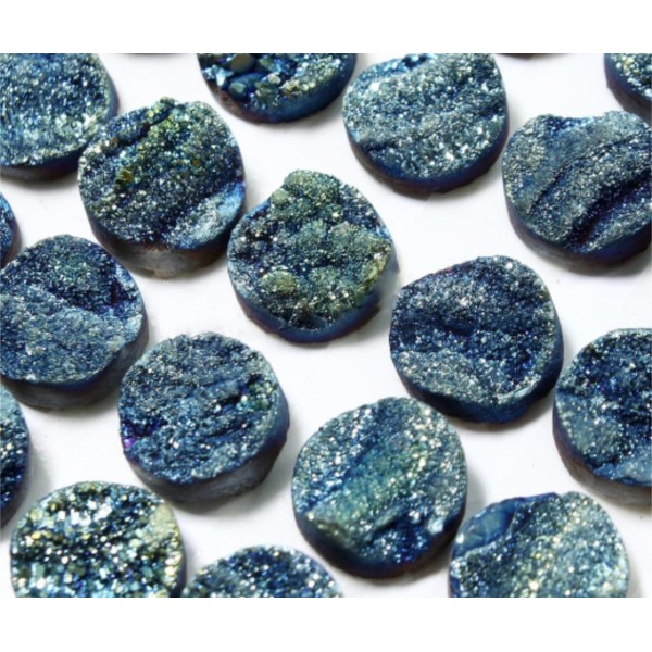 2pcs Iris Bleu-Vert de l'Éclat Ronde à dos plat Druzy de Glace Quartz Agate de pierre Naturelle Foca - Photo n°1