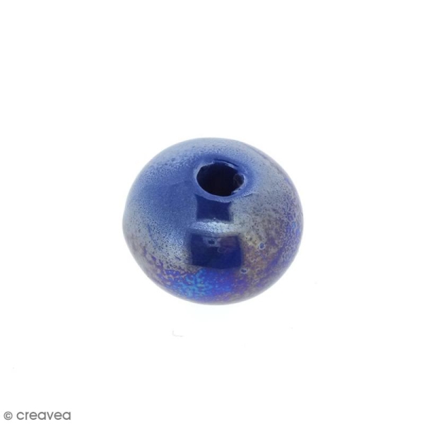 Perle aplatie en céramique - Bleu irisé - 16 mm - Photo n°1
