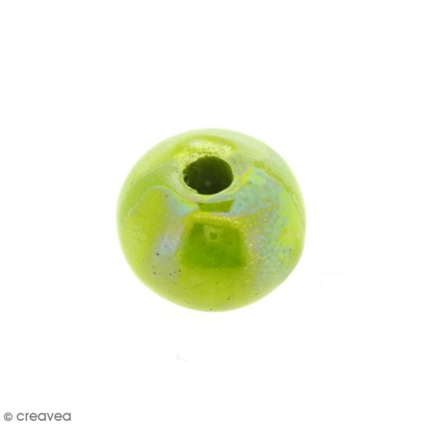 Perle aplatie en céramique - Vert citron irisé - 16 mm - Photo n°1