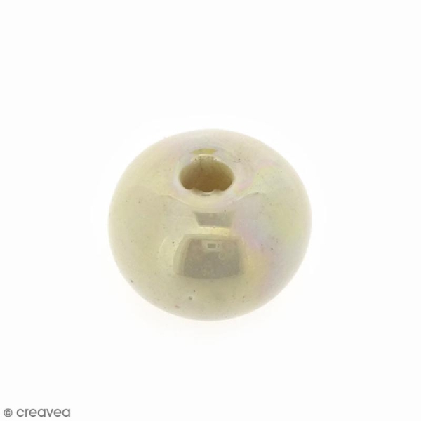 Perle aplatie en céramique - Blanc crème irisé - 16 mm - Photo n°1