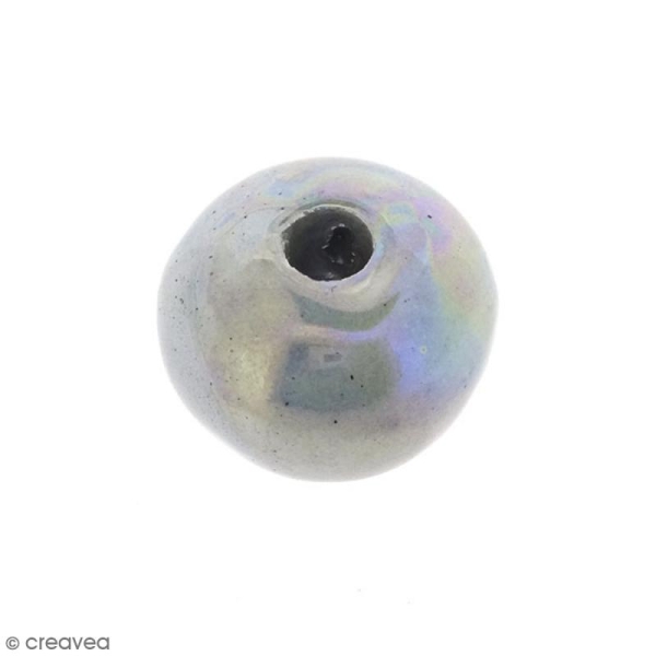 Perle aplatie en céramique - Gris perle irisé - 16 mm - Photo n°1
