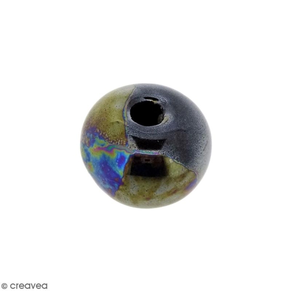 Perle ronde aplatie en céramique - Noir irisé - 14 x 19 mm - Photo n°1