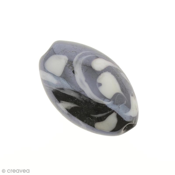 Perle verre ovale noire décors blancs - 25 mm - Photo n°1