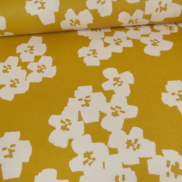Tissu coton enduit RICO design fleurs Moutarde Collection Okina Hana - Photo n°1