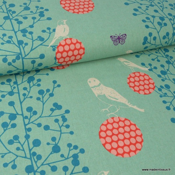 Tissu japonais Canva Coton / lin ECHINO pour Kokka imprimé oiseaux et arbres fond menthe - Photo n°1
