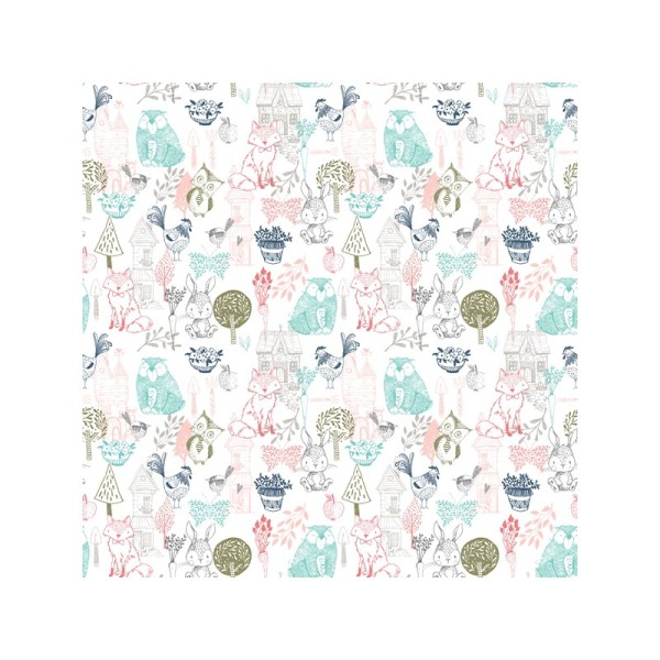 Tissu Coton imprimé lapins, renards, poules et arbres coll. Little Thicket by 3 Wishes .x1m - Photo n°1