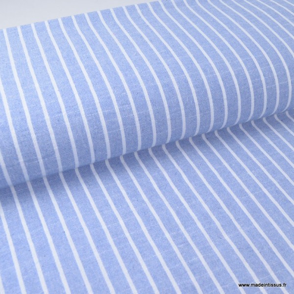 Tissu chambray aspect Lin à rayures coloris Bleu et blanc - Photo n°1